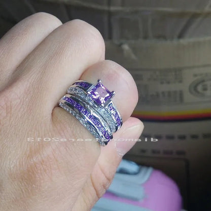 2Pcs/Set Princess Luxury 925 Silver Plated Amethyst CZ Gemstones Wedding Set Rings Size 6-11  (Choice Color and Size )