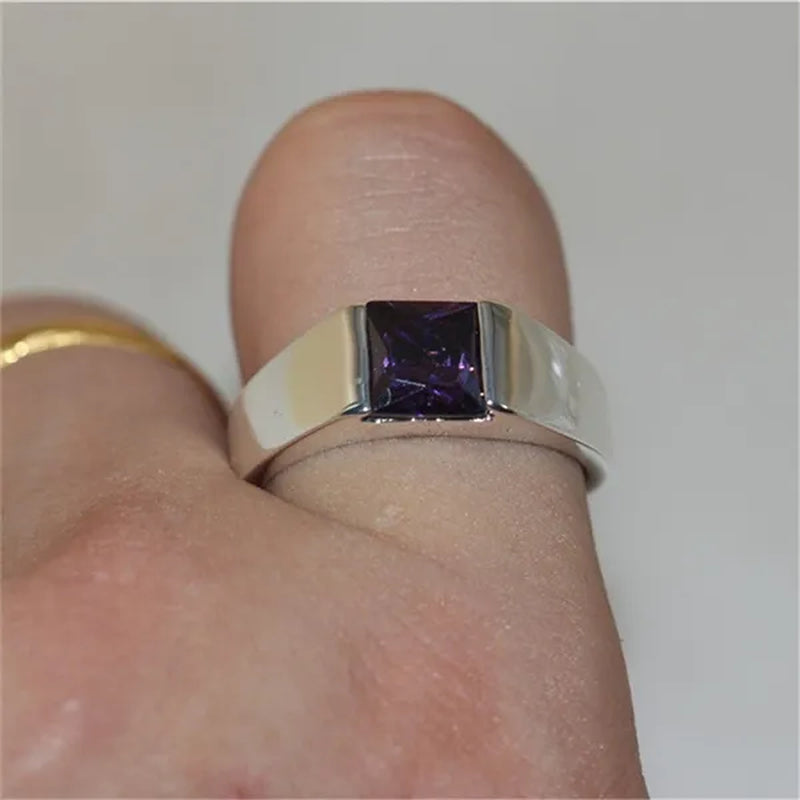 Men's Eternity 925 Sterling Silver Princess-cut purple Sapphire Stone Solitaire Ring  Size 8-12