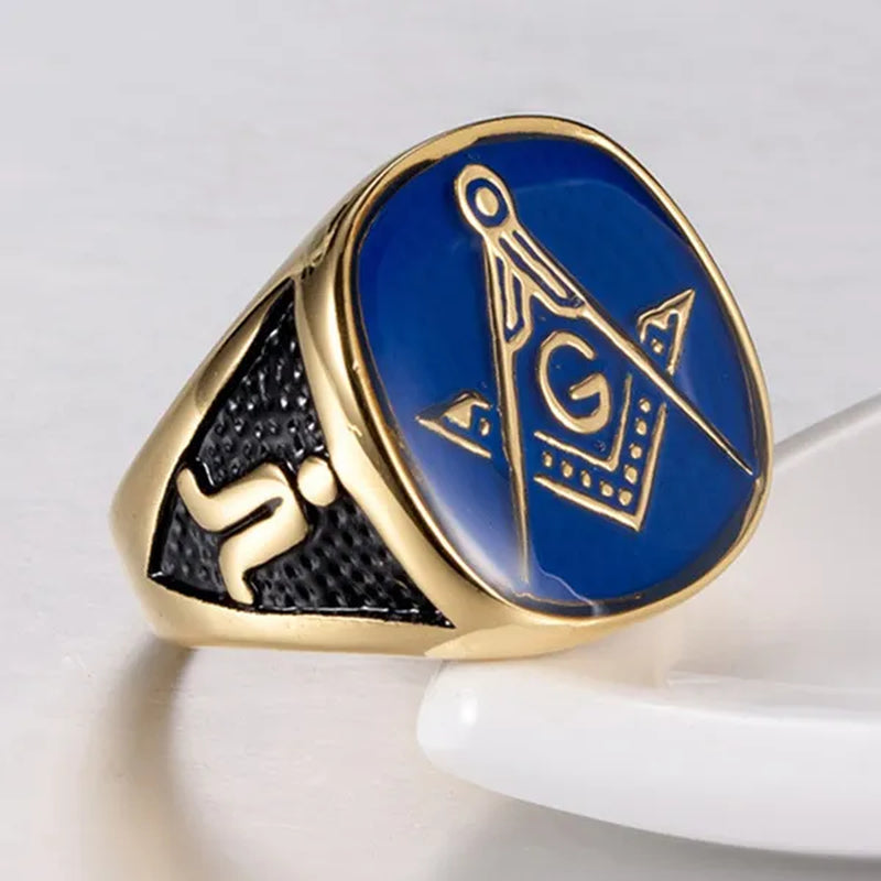 Gold BlueTitanium Steel Freemason Masonic Ring For Men Hip Hop Jewelry Religious Freemasonry Classics Rings Gold