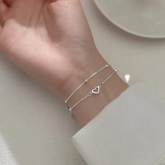 925 Sterling Silver Double Love Heart Hollow Round Beads Bracelet Female Fashion Romantic Jewelry Classic Adjustable