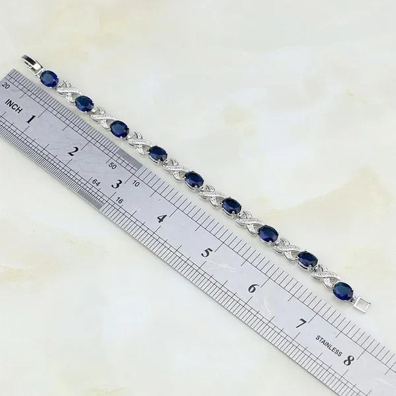 925 Sterling Silver Jewelry Blue Sapphire White Topaz Chain&Link Charm Bracelets For Women
