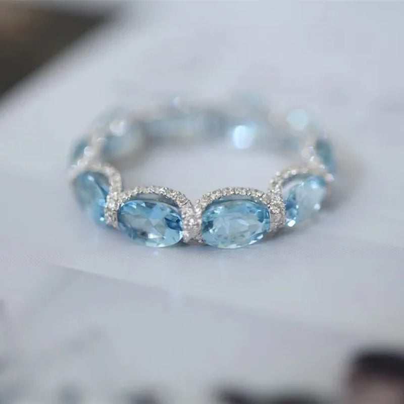 Women Exquisite 925 Sterling Silver Filled Aquamarine Sea Blue Diamonds Gemstone Princess Rings Jewelry