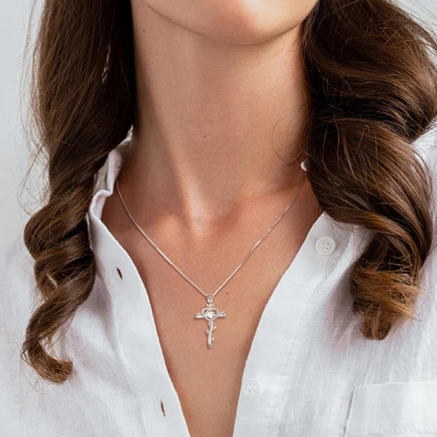Rose Cross Necklace 925 Sterling Silver Heart Crucifix Pendant Birthstones Jewelry for Women - WORLD TIME VISITS