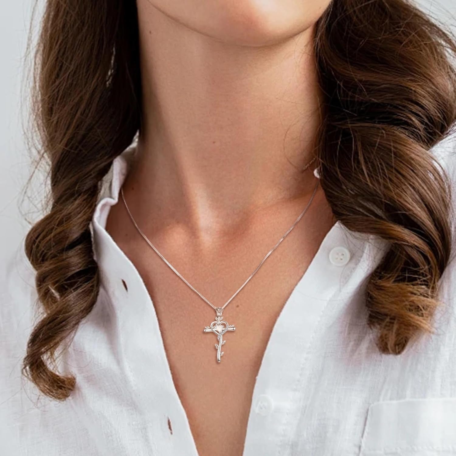 Rose Cross Necklace 925 Sterling Silver Heart Crucifix Pendant Birthstones Jewelry for Women - WORLD TIME VISITS