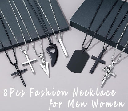 8 Pcs Necklace for Men, Mens Necklaces Jewelry Set, Black and Silver Stainless Steel Necklace, Cross Pendant Necklace, 16-24 Inches Chain - WORLD TIME VISITS