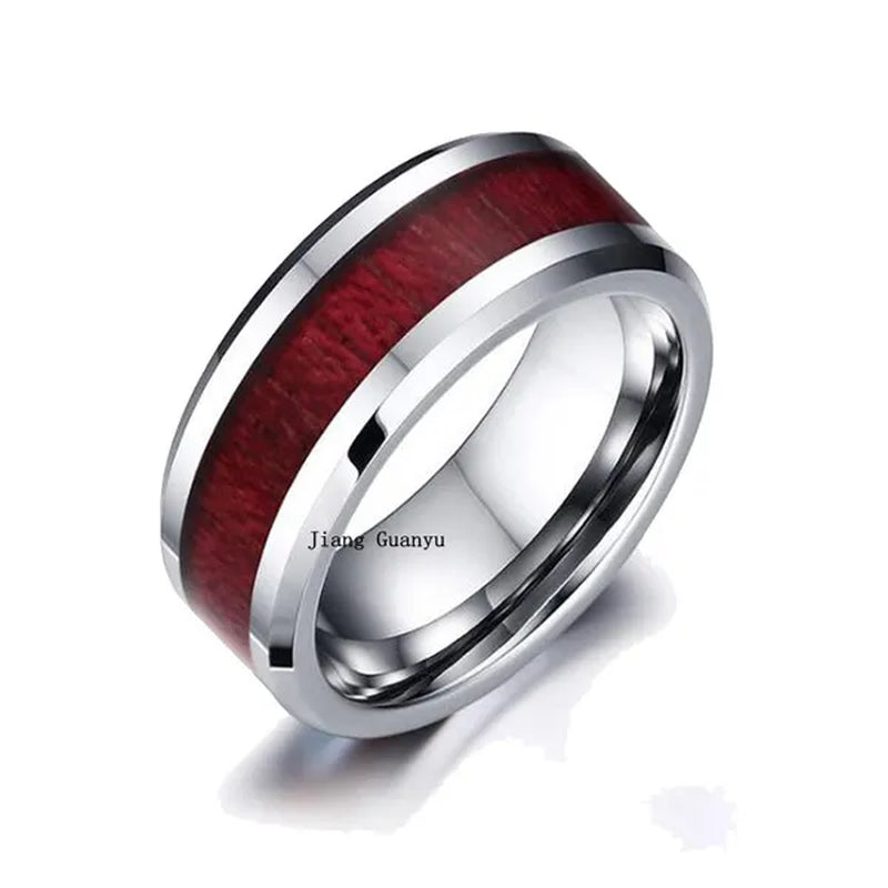 Two Rings Couple Ring His Hers Three-Stone Ring White Gold Plated Ruby CZ Womens Ring Sets Wood Tungsten Steel Men'S Ring