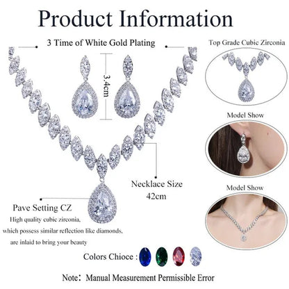 Gloriya Gorgeous Platinum Plated Party Jewelry Paved Indian Red Cubic Zirconia Crystal Big Tear Drop Necklace Earrings Set for Female Evening