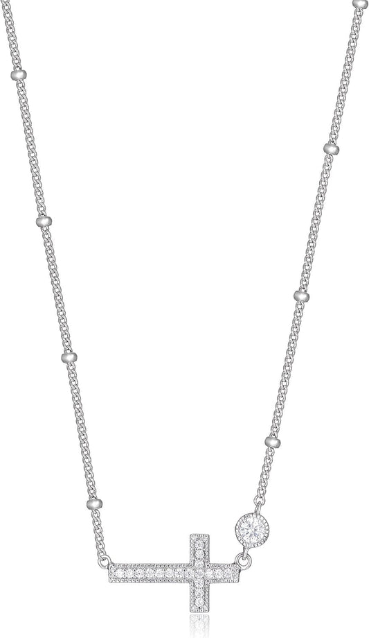 .925 Sterling Silver Rhodium Plated Cubic Zirconia Sideways Cross Sterling Silver Necklace for Women - Faith Dainty Jewelry Choker Cross Necklace for Women, Adjustable Chain 16 Inch - WORLD TIME VISITS