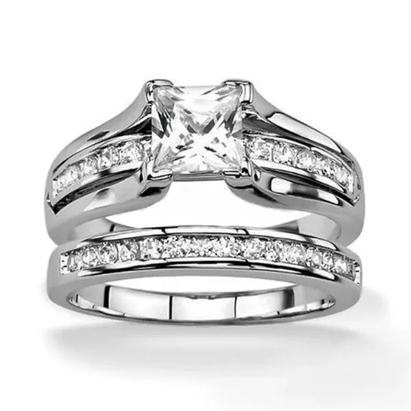 His and Hers Stainless Steel Princess Wedding Ring Set and Zirconia Wedding Band