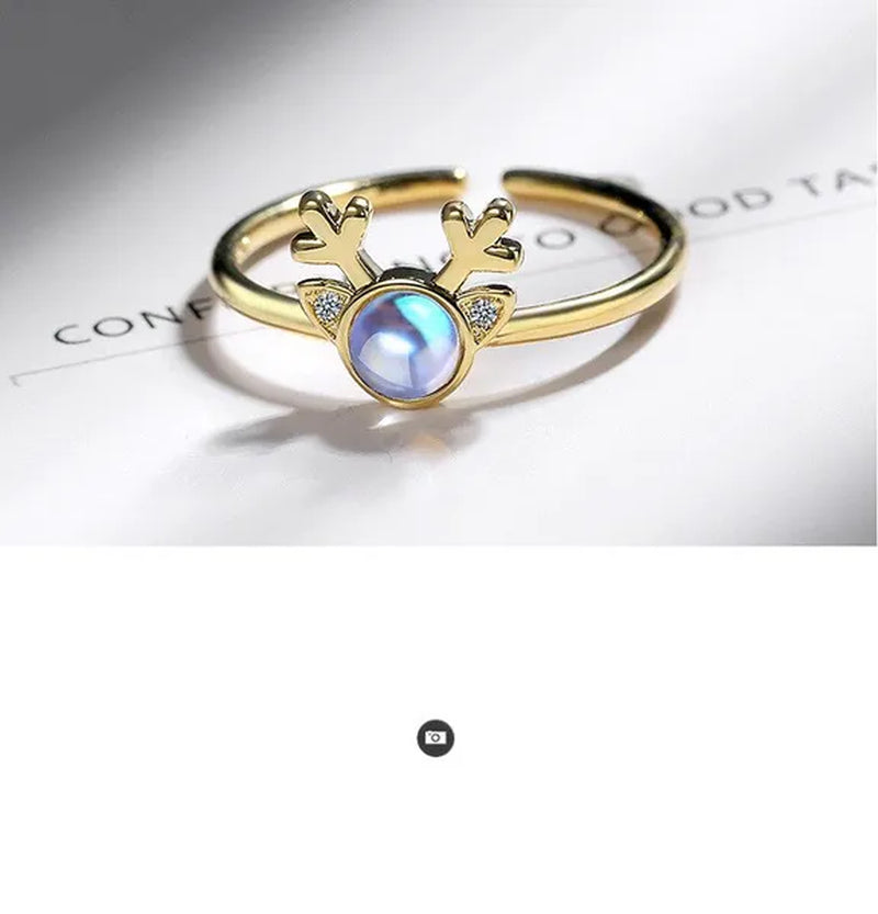 Korean Antler Ring 925 Sterling Silver Artificial Moonstone Rings for Women All with You Ring Adjustable Size