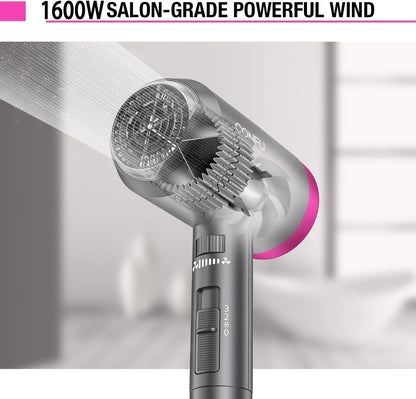 Ionic Blow Dryer 1600W, Portable Lightweight Fast Drying Negative Ion Hairdryer Blowdryer, 3 Heat Settings & Infinity Speed, with Diffuser and Concentrator Nozzle for Home & Travel