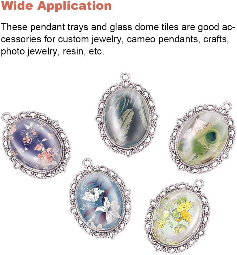 60Pcs Bezel Pendant Blanks Settings - 30Pcs Oval Pendant Trays Photo Charms with 30Pcs Glass Cabochons for Mom Bouquet Bridal Wedding Brides Graduation Charm Jewelry Making, 25X18Mm