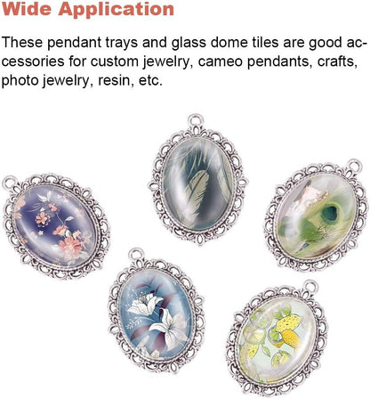 60Pcs Bezel Pendant Blanks Settings - 30Pcs Oval Pendant Trays Photo Charms with 30Pcs Glass Cabochons for Mom Bouquet Bridal Wedding Brides Graduation Charm Jewelry Making, 25X18Mm