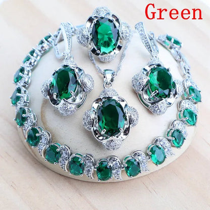 925 Silver Blue/Green/Purple/Rainbow Zirconia Bridal Jewelry Set For Women Bracelet Earrings Pendant Necklace Rings