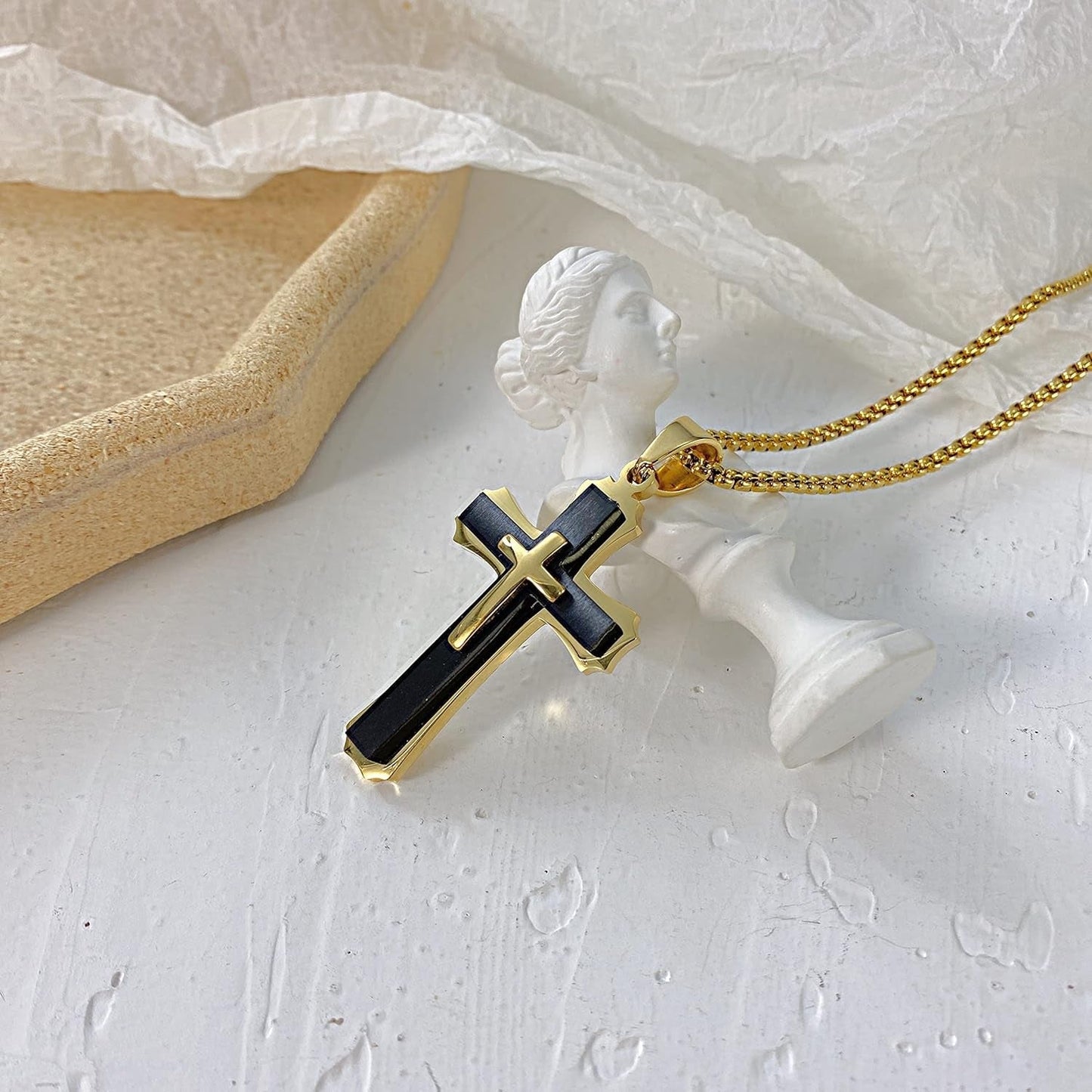 Classic Cross Necklace for Men Simple Cross Silver Black Gold Stainless Steel Christ Crucifix Pendant Necklace Religious Jewelry Gift Box Chain 21.6 Inches