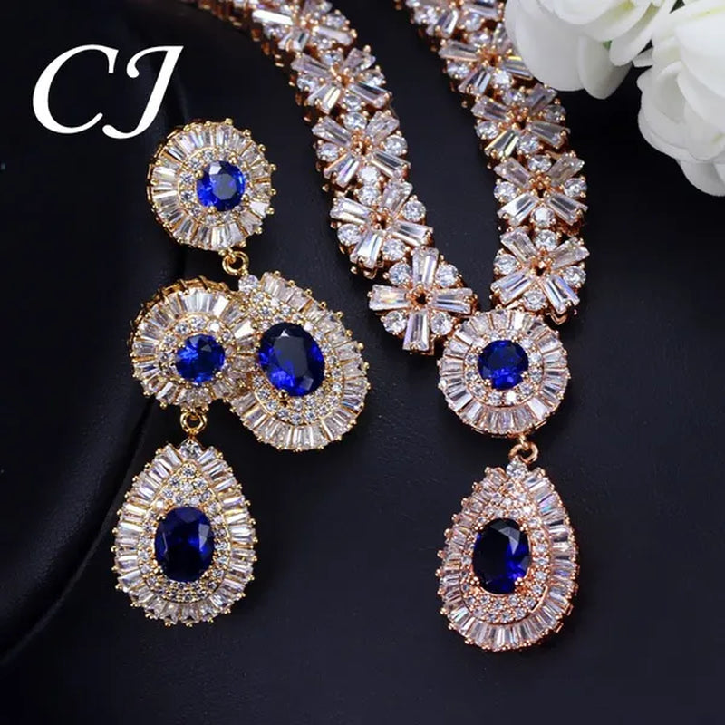 CANDICE African Gold Plating Hand-Inlay CZ Pendant Necklace and Earrings Gorgeous Dubai Women Wedding Party Tear Drop Jewelry Set with Red Crystal