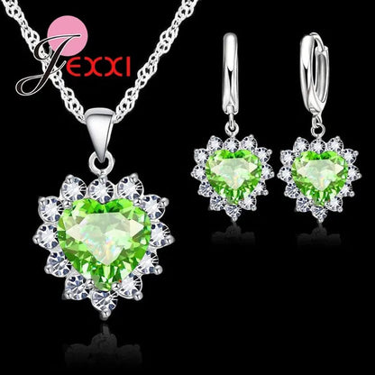 Trendy Heart Austrian Crystal 925 Sterling Silver Pendant Necklaces Earrings Set For Women Wedding Bridal Jewelry Sets