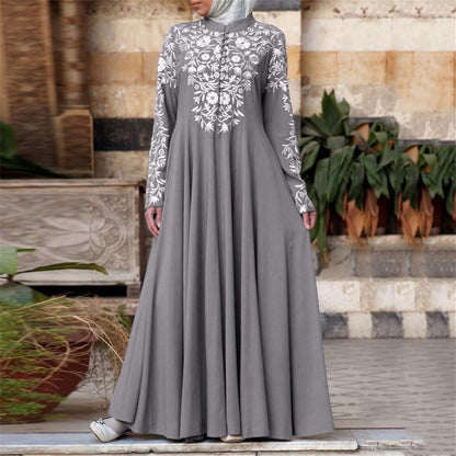 Abayas for Women Muslim Chiffon Prayer Robe Burkas for Women Muslim Dress Vintage Printed Full Length Islamic Abaya Set Long Sleeve Flowy Abaya Dubai Islam Robe African Turkey Caftan Grey XL