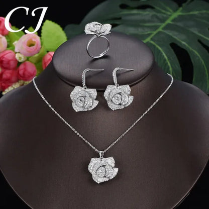 CANDICE Exquisite Banquet Party Jewelry Set for Women White Gold Plated Micro Inlaid AAA CZ Rose Flower Drop Necklace Silver Plated Earrings with Adjustable Ring - WORLD TIME VISITS