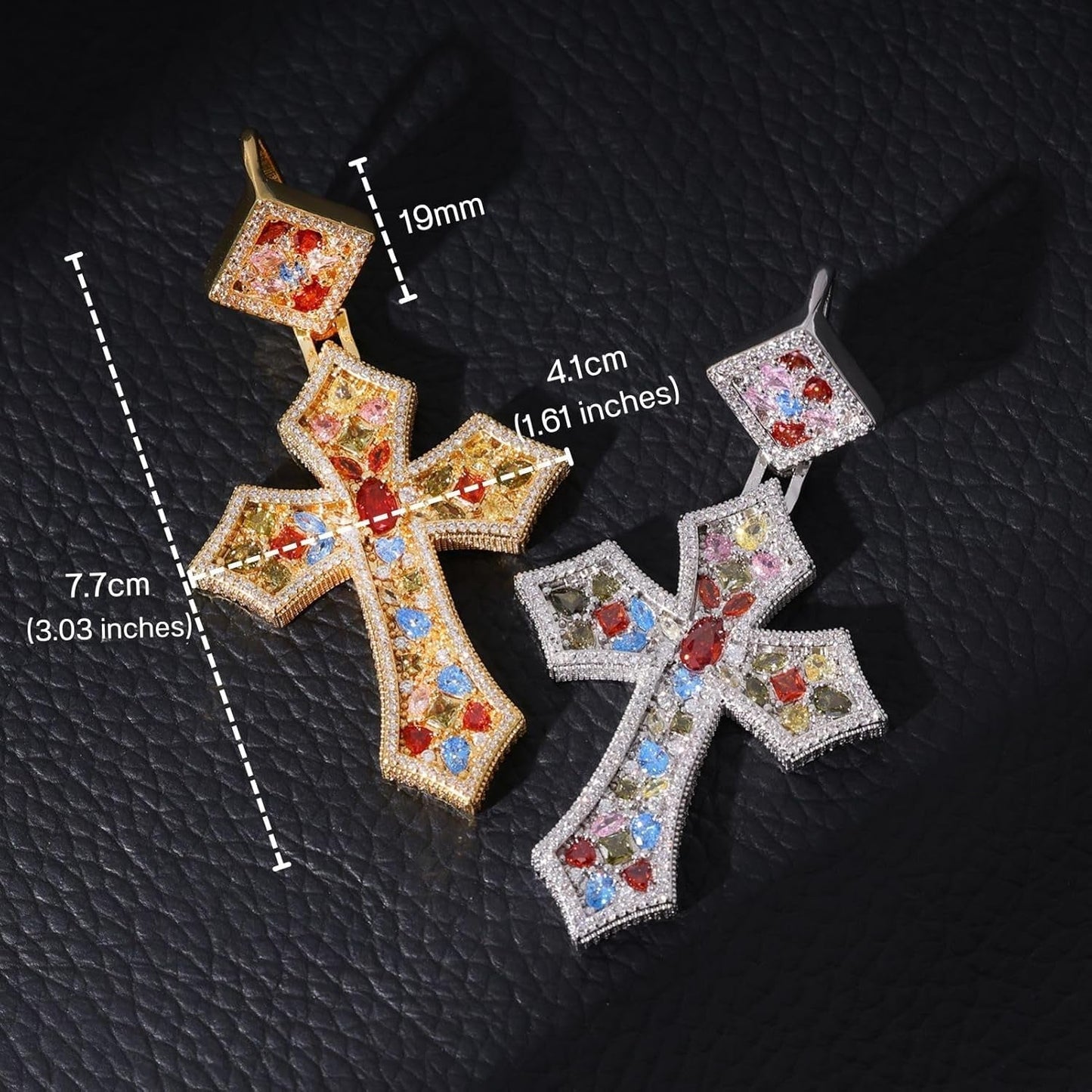 Iced Out Colorful Rhomboic Cross Pendant Necklace, Trendy White Gold Hip Hop Cubic Zirconia Oval Diamond Cross Pendant Faith Jesus Necklace Gift