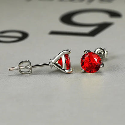 Exquisite Fashion Women Love Princess 925 Silver Round Cut Ruby Garnet Three Prong Stud Earrings for Women Bridal Wedding Jewelry Gifts