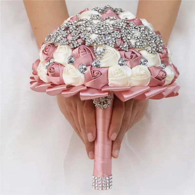 21CM Creative Handmade Diamond Flower Brooch Bouquet Ribbon Silk Rose Wedding Flower Bridal Bouquet Bridesmaid Holding Flowers