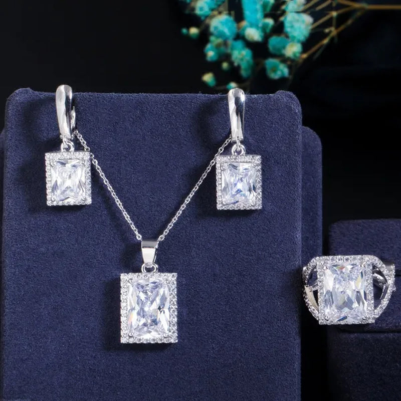 Gloriya Elegant Purple CZ Square Pendant Chain Necklace Earrings and Ring Set Women Fashion Silver Plated Jewellery Sets for Best Gifts