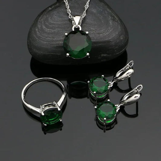 925 Sterling Silver Jewelry Sets Green Emerald Earrings Ring Pendant Neckalce round Jewelry Women Accessories - WORLD TIME VISITS