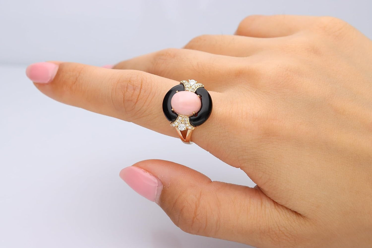14K Yellow Gold Natural Pink Opal Ring with Diamonds for Women | Ethically, Authentically & Organically Sourced (Oval-Cut) Shaped Opal Hand-Crafted Jewelry for Her | Opal Ring for Women