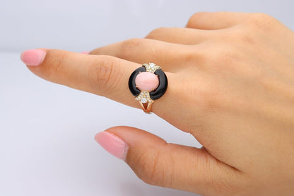 14K Yellow Gold Natural Pink Opal Ring with Diamonds for Women | Ethically, Authentically & Organically Sourced (Oval-Cut) Shaped Opal Hand-Crafted Jewelry for Her | Opal Ring for Women