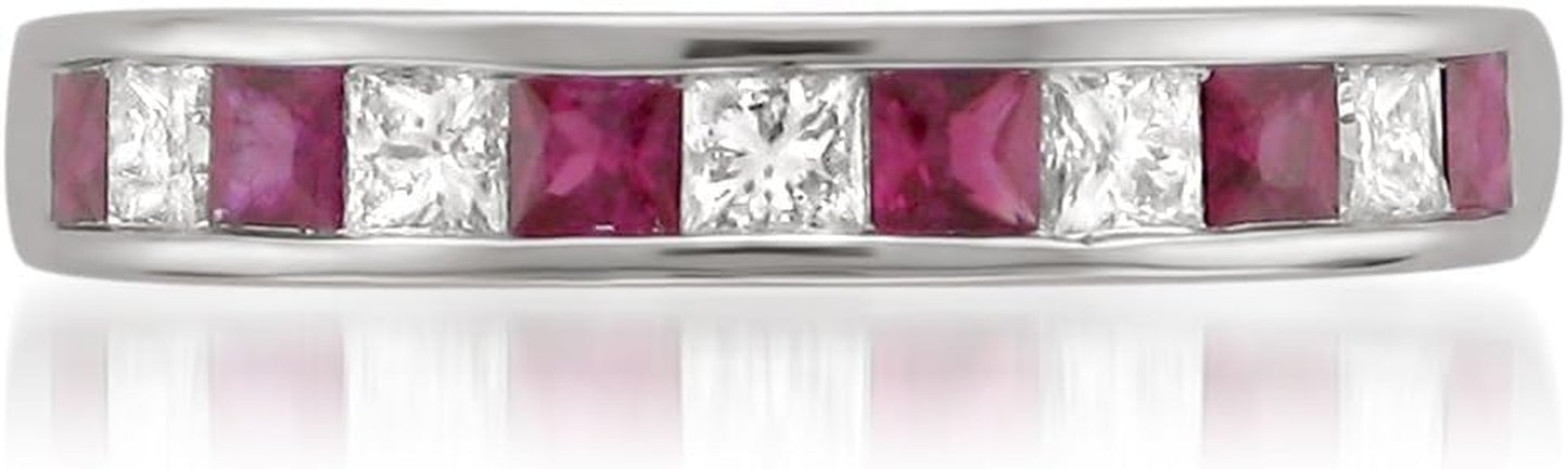 1/2 Carat Princess Cut Diamond Wedding Band, 14K Gold Channel Set (H-I, I1-I2) Natural Diamond for Women, Gift Box Included (Ruby & Blue Sapphire, White & Yellow Gold)