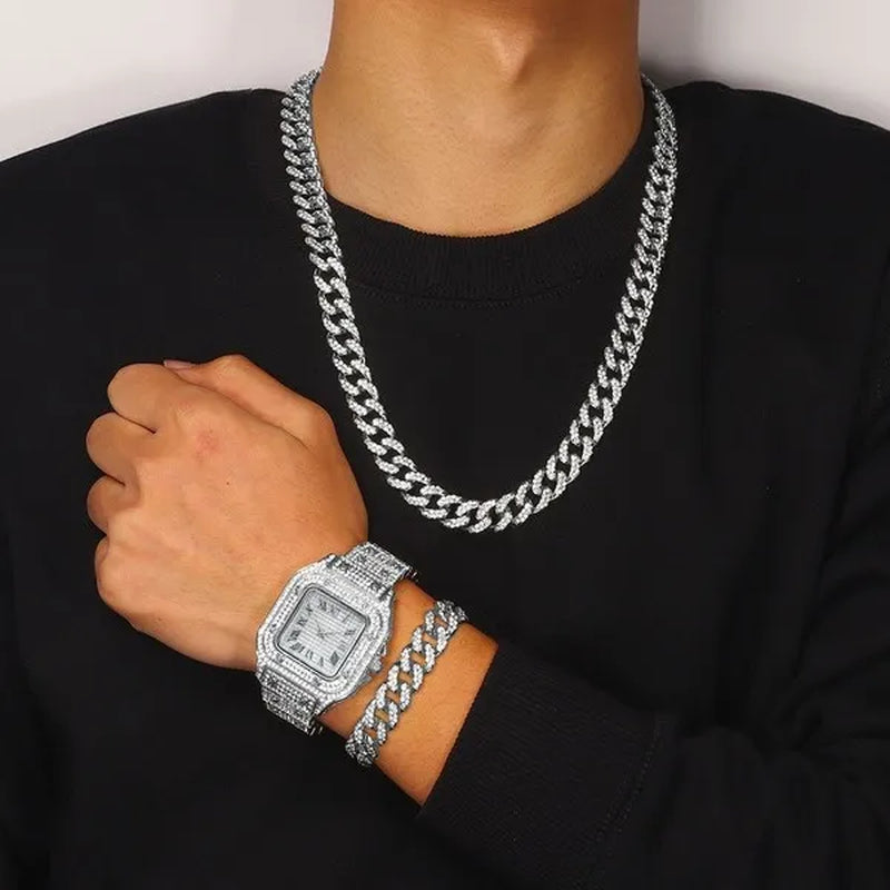 24K Gold / 925 Silver / Rose Gold Stainless Steel Hip Hop Jewelry Iced Out Diamond Thick Miami Cuban Link Chain Necklace Bracelet Watch for Men's and Women's Party Jewelry Set Nightclub Bar Fashion Accessories