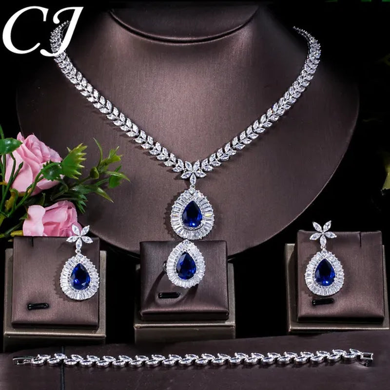 CANDICE Luxurious CZ Wedding 4 Pcs Set For Bridal Sparkling Water Drop Blue Zirconia White Gold Plated Necklace Earrings Bracelet Ring Sets - WORLD TIME VISITS
