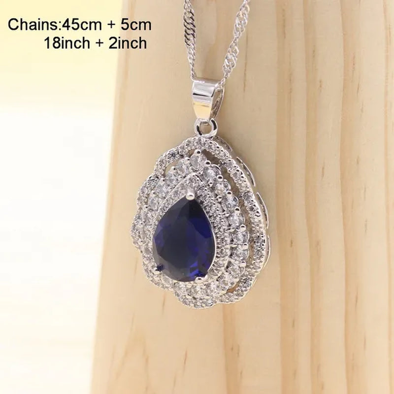 925 Silver Royal Blue Zirconia Wedding Jewelry Set For Women Heart Shape Necklace Pendant Ring Earrings Bracelet S Gift Box