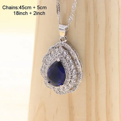 925 Silver Royal Blue Zirconia Wedding Jewelry Set For Women Heart Shape Necklace Pendant Ring Earrings Bracelet S Gift Box