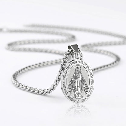 Virgin Mary Necklace for Men Boys Miraculous Medal Stainless Steel Mary Mother of God Pendant De La Virgen Maria Medallion Holy Mary Charm