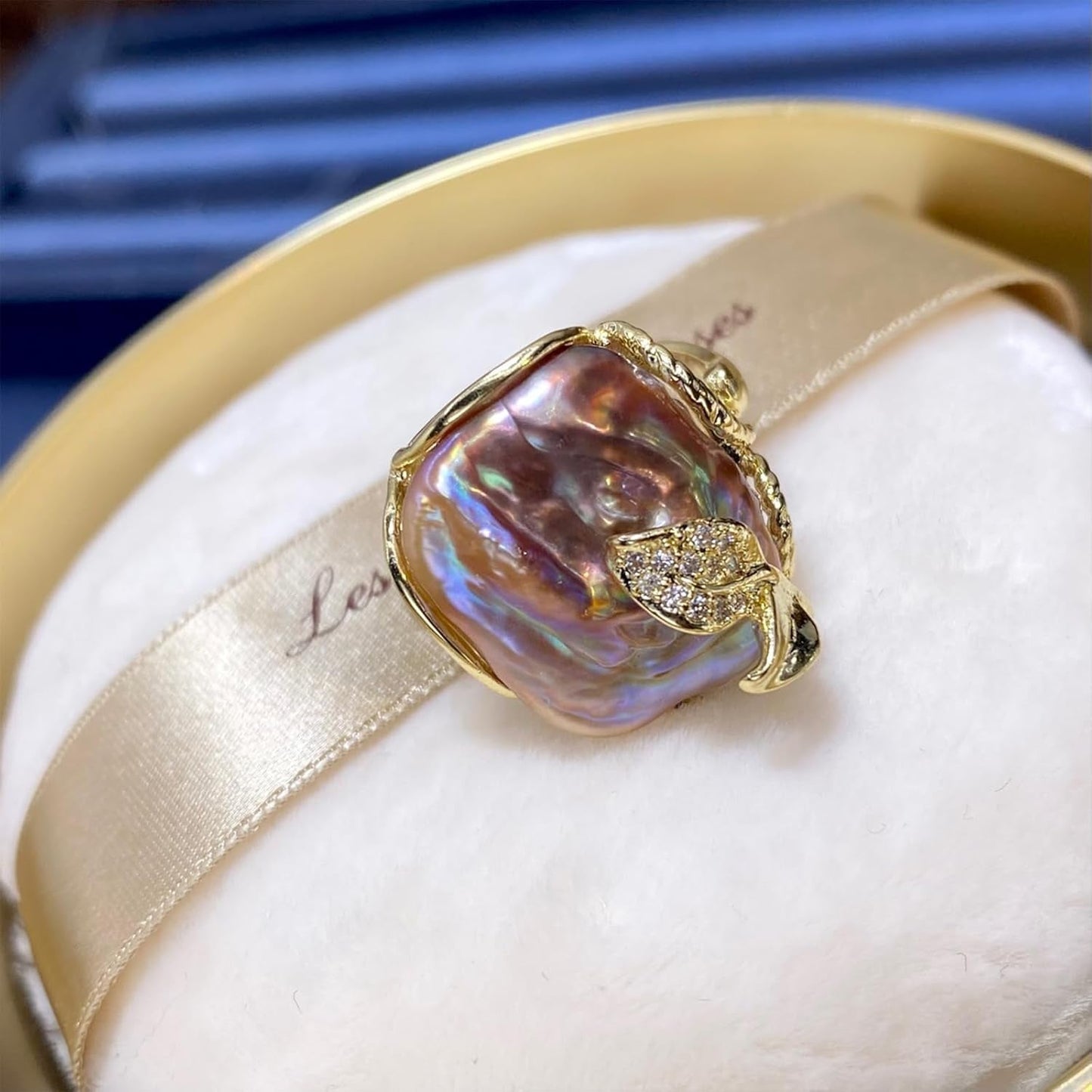 Irregular Pearl Ring, Baroque Pearl Leaf Shape Rhinestone Ring, Gold Vintage Pearl Stacking Ring, Open End Adjustable Statement Ring, Fashion Jewelry Ring Gift for Women - WORLD TIME VISITS