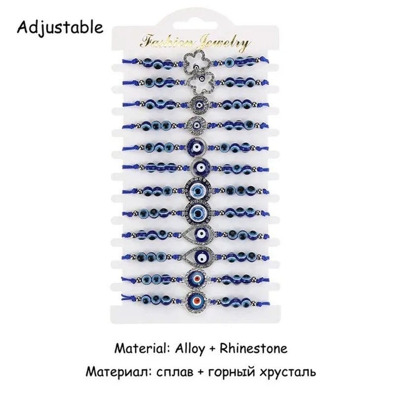 12 Pcs/Set Bohemian Handmade Braided Rope Charm Bracelets Rhinestone Blue Round Beads Evil Eye Bracelet  for Women Men Friendship Jewelry Gifts