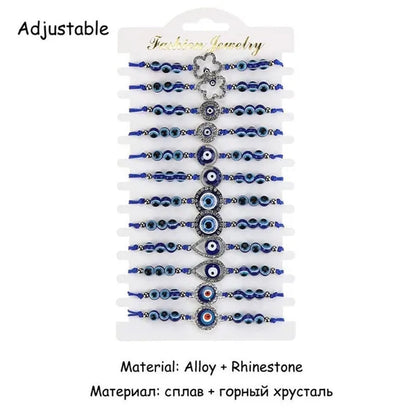 12 Pcs/Set Bohemian Handmade Braided Rope Charm Bracelets Rhinestone Blue Round Beads Evil Eye Bracelet  for Women Men Friendship Jewelry Gifts