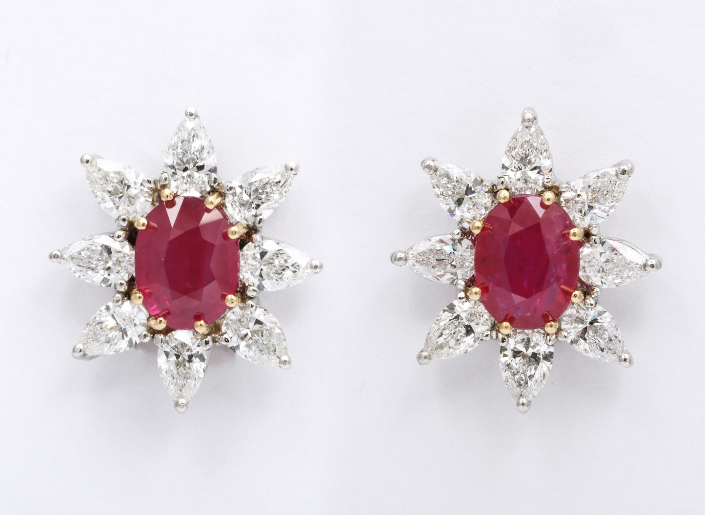 Vibrant 4.23 Carat Ruby and Pear Shaped Diamond Platinum Earrings