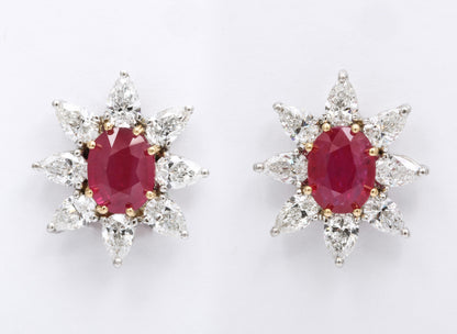 Vibrant 4.23 Carat Ruby and Pear Shaped Diamond Platinum Earrings
