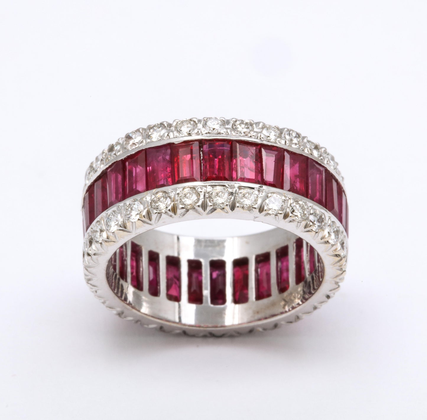 Luxurious 18k White Gold Baguette Ruby and Diamond Band Ring