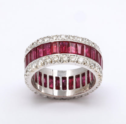 Luxurious 18k White Gold Baguette Ruby and Diamond Band Ring