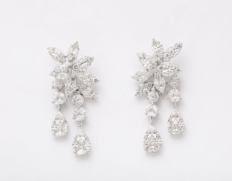 Exquisite 4.14 Carat Diamond Cluster Dangle Earrings 18k White Gold