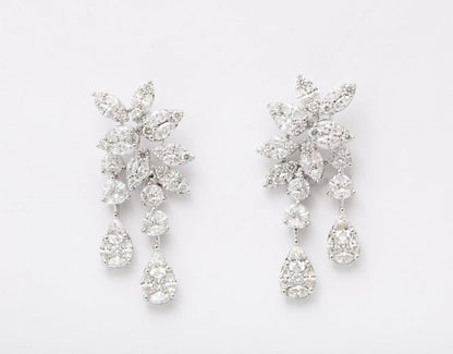 Exquisite 4.14 Carat Diamond Cluster Dangle Earrings 18k White Gold