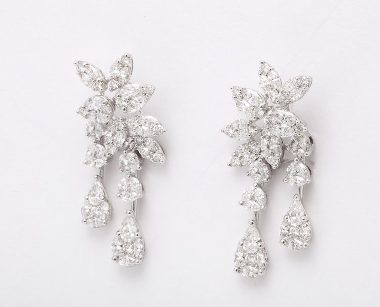 Exquisite 4.14 Carat Diamond Cluster Dangle Earrings 18k White Gold