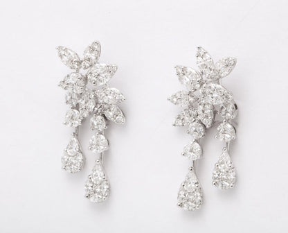 Exquisite 4.14 Carat Diamond Cluster Dangle Earrings 18k White Gold