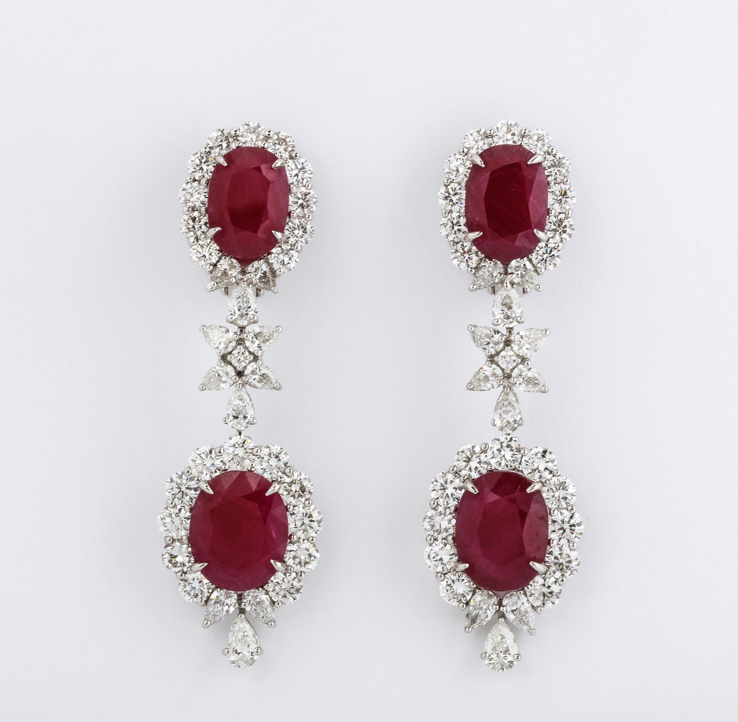 Handcrafted 37 Carat Intense Red Ruby and Diamond Platinum Drop Earrings