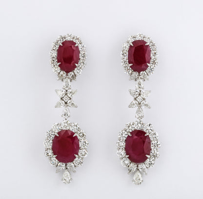 Handcrafted 37 Carat Intense Red Ruby and Diamond Platinum Drop Earrings