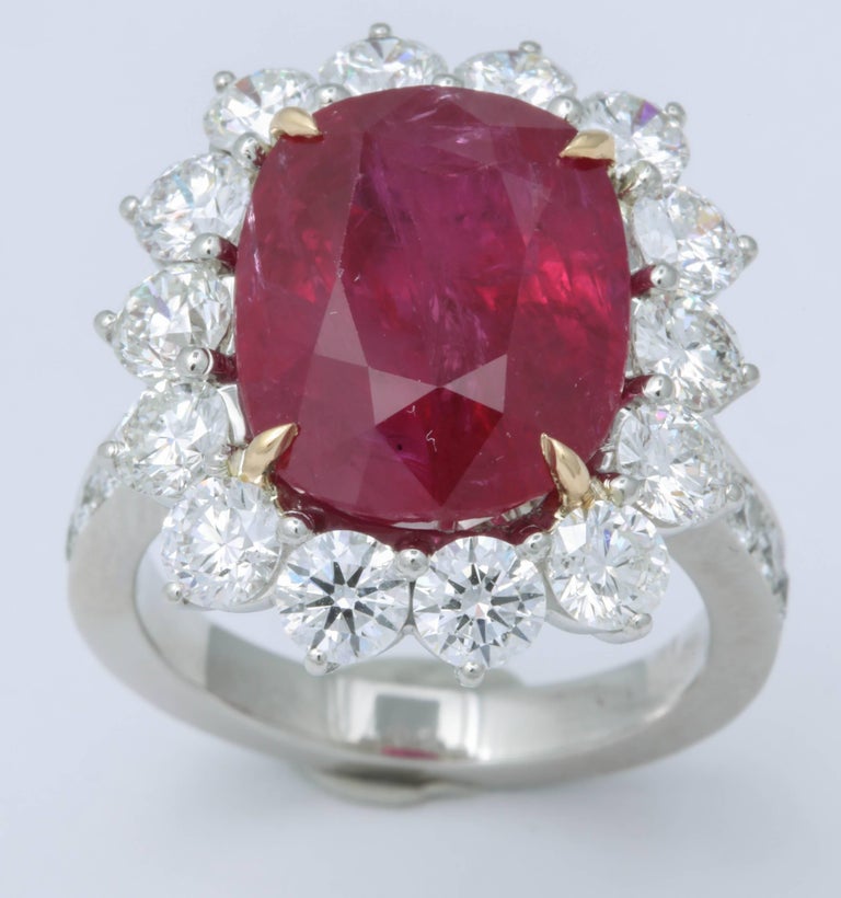 Intense Red 10 Carat Ruby Cushion Cut Diamond Platinum Cocktail Ring